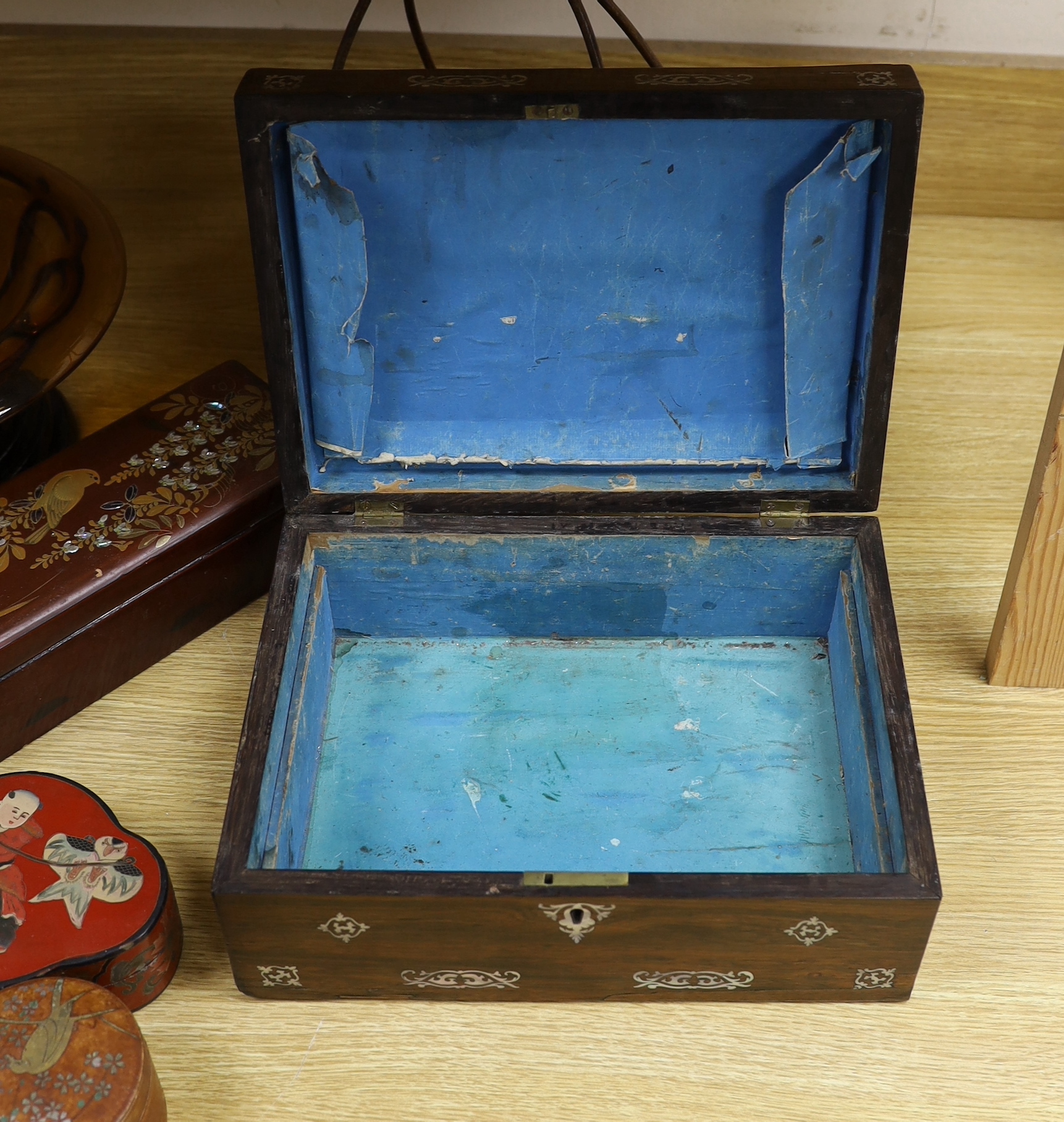 A Victorian mother of pearl inlaid rosewood box, glass pedestal bowl, Wedgwood majolica pedestal dish and various lacquer wares